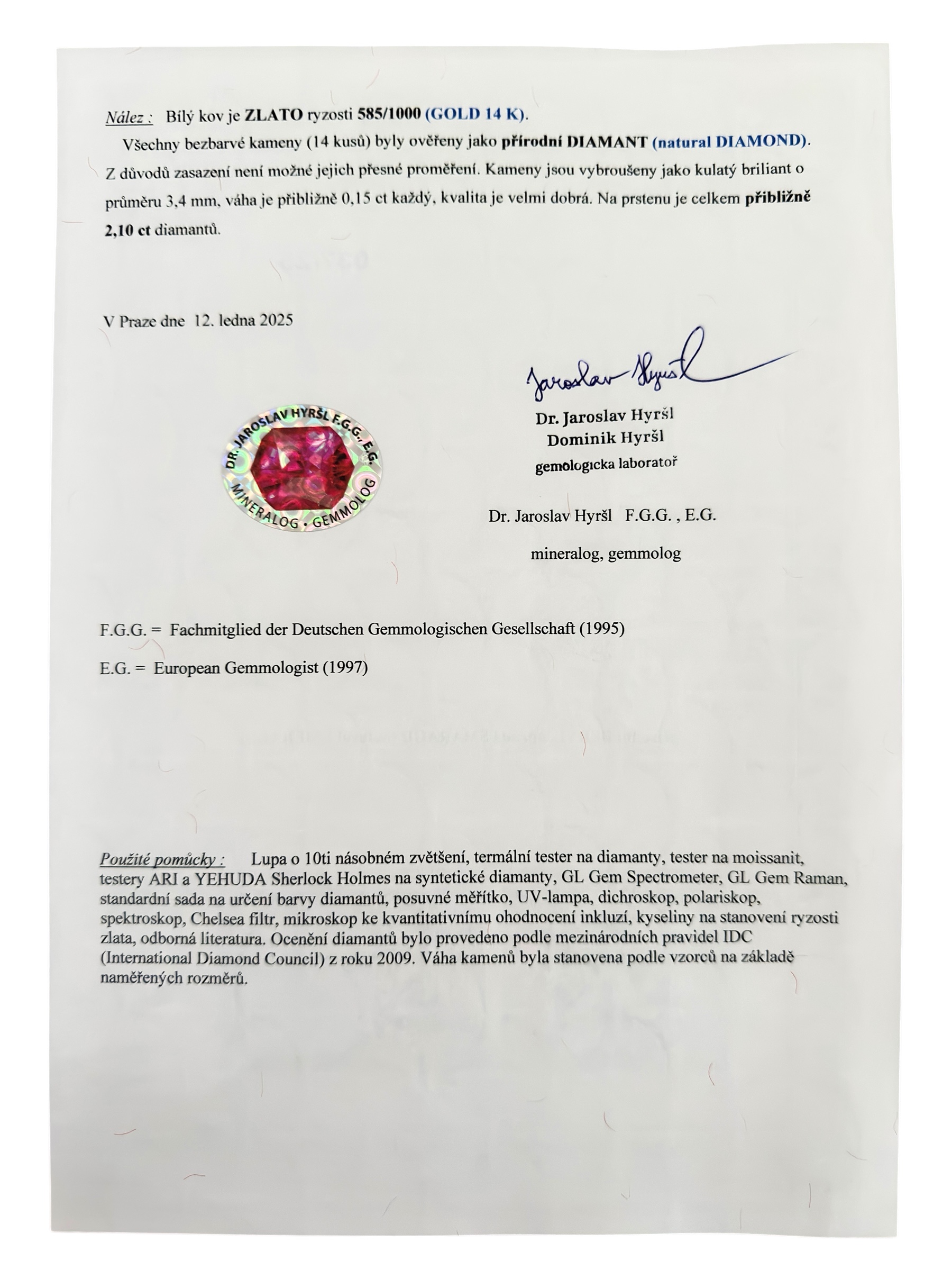 Posudek od J. Hyršla na smaragdy a diamanty